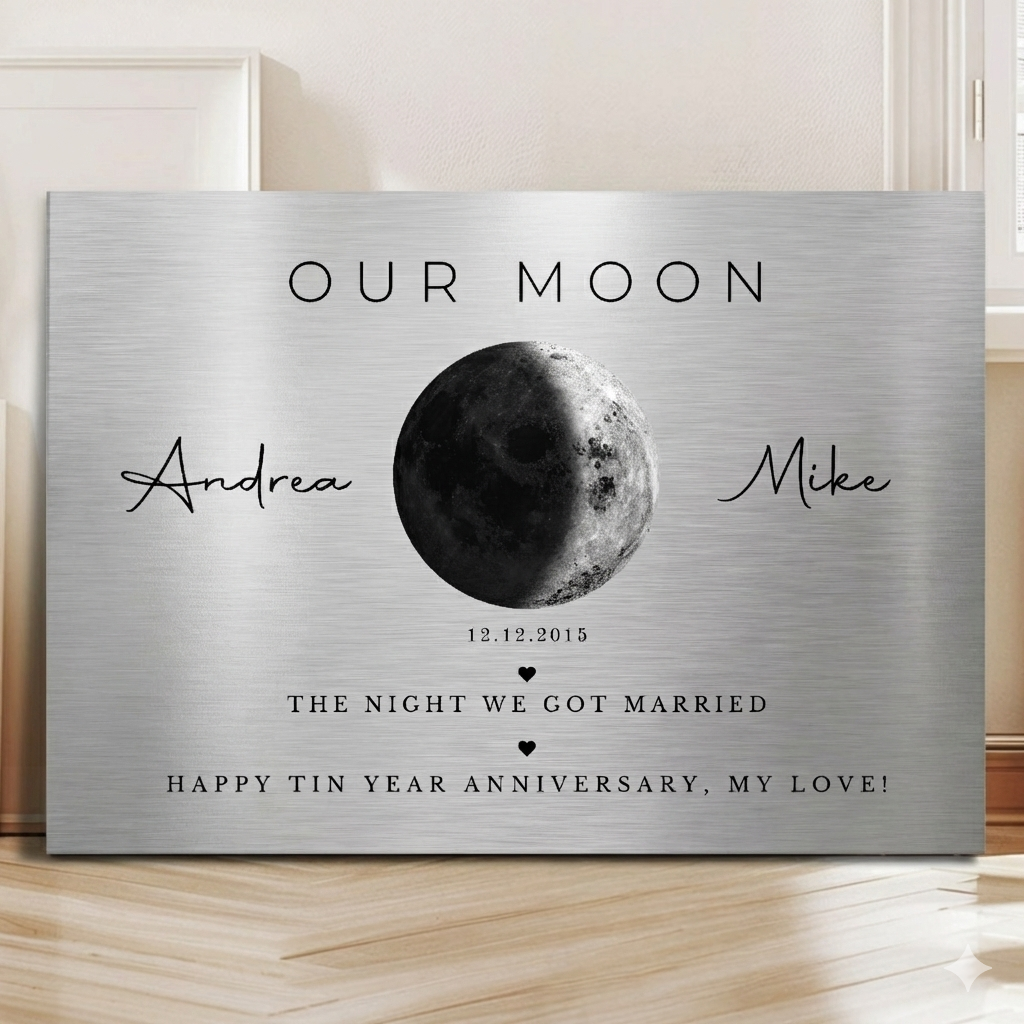 Our Moon on Tin – Personalized Moon Phase Metal Art, Romantic Anniversary & Valentine’s Day Gift for Couples