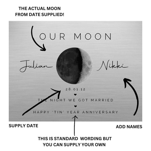 Our Moon on Tin – Personalized Moon Phase Metal Art, Romantic Anniversary & Valentine’s Day Gift for Couples